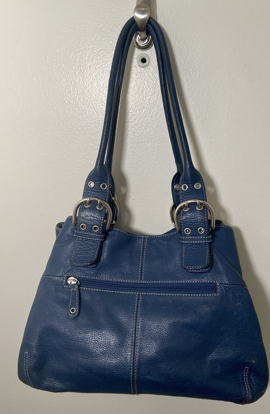 Tignanello Leather Bag Blue With Inner Pockets Double Handle. Some Corner Wear.